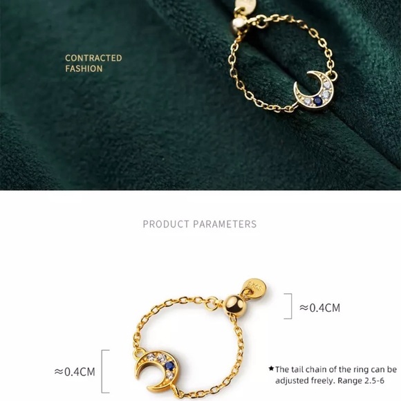 Lunar Crescent Moon Charm Blue Crystal CZ Adjustable Chain Ring Gold S925 Silver - Picture 5 of 7
